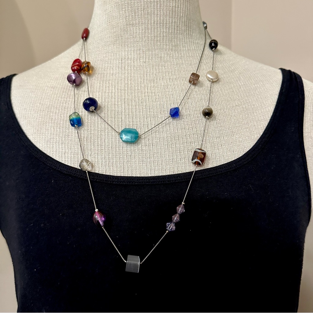 Vintage Very Long Multicolor Glass Bead Necklace Marked Korea Silver Tone 29$